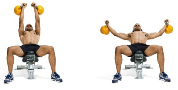 ejercicio de aperturas con kettlebells en un banco inclinado